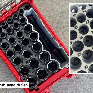 May include: A red toolbox with a gray insert holding a set of black sockets and two black ratchets. The sockets are labeled with numbers from 5 to 36. The toolbox is open, revealing the organized arrangement of tools.