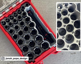 May include: A red toolbox with a gray insert holding a set of black sockets and two black ratchets. The sockets are labeled with numbers from 5 to 36. The toolbox is open, revealing the organized arrangement of tools.