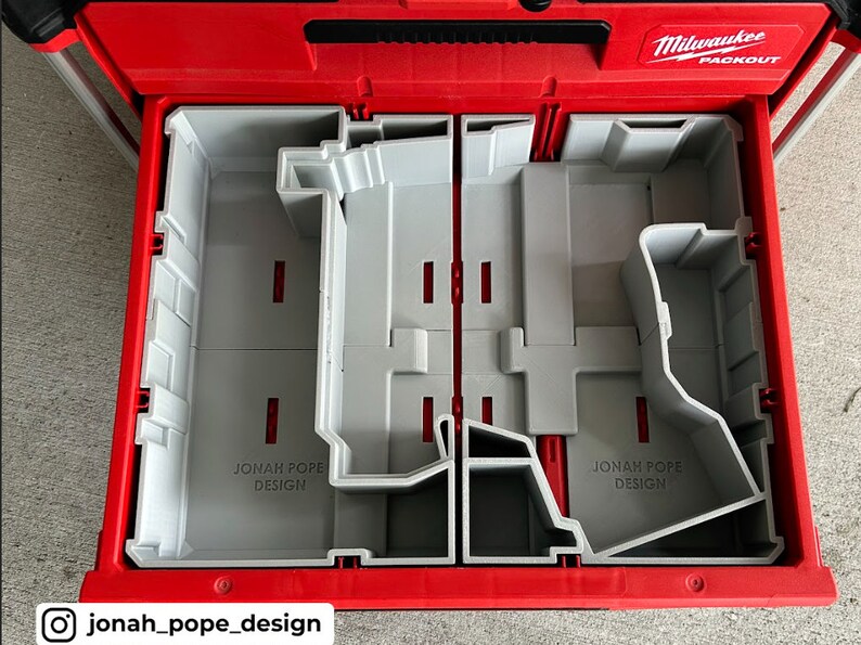 May include: An open red Milwaukee Packout toolbox with a gray plastic organizer insert. The organizer has multiple compartments and dividers. The text "JONAH POPE DESIGN" is printed on the organizer.