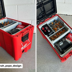 May include: A red Milwaukee tool box with a black handle and a gray interior. The box is open and contains a Milwaukee router, a battery, and a variety of router bits.