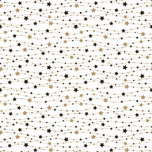 May include: White background with a repeating pattern of black and gold stars and dots arranged in wavy lines. The stars vary in size and are interspersed with small dots, creating a festive and elegant design.