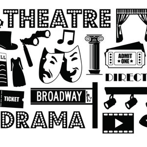 May include: A collection of black and white theater-themed illustrations. Includes the words "THEATRE", "DRAMA", and "BROADWAY", along with a playbill, ticket, masks, stage lights, a top hat, and musical notes.