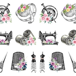 May include: A collection of sewing-themed illustrations. Includes a sewing machine, spools of thread, measuring tape, scissors, thimble, and dress form. Each item is decorated with watercolor flowers in pink, purple, and yellow.