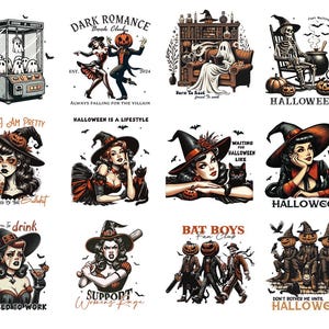 May include: A collection of Halloween-themed illustrations. The images feature witches, skeletons, ghosts, and pumpkin-headed figures. Text includes phrases like "Dark Romance Book Club," "Halloween is a Lifestyle," and "Bat Boys Fan Club."