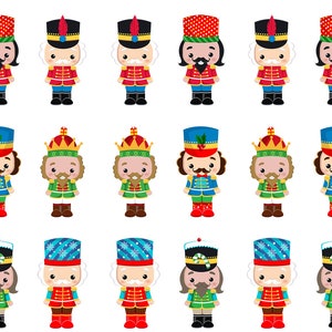 May include: A collection of colorful cartoon nutcracker soldier illustrations. Each figure has a unique design, with variations in hats, uniforms, and facial features. The nutcrackers are in red, blue, green, and gold, with details like mustaches and beards.