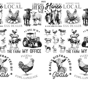 May include: Black and white illustrations of farm animals, including horses, sheep, chickens, and a tractor. Text includes phrases like "Support Your Local Egg Dealer" and "I Know You Herd Me."