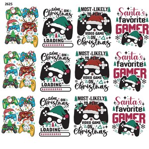 May include: A sheet of Christmas-themed designs featuring video game controllers and festive text. Designs include controllers with Santa hats, text that reads "Game on Christmas", "Most Likely to Play Video Game on Christmas", and "Santa's Favorite Gamer".