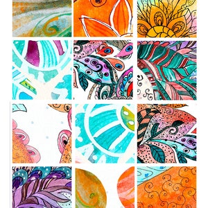 May include: A collection of twelve square watercolor paintings. Each painting features a unique abstract design with vibrant colors including orange, teal, purple, and yellow. The designs incorporate floral and geometric patterns with intricate details and black outlines.