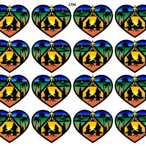 May include: A sheet of heart-shaped stickers featuring a nativity scene. Each sticker has a silhouette of the holy family, a star, and a landscape with palm trees and a sunset. The stickers are in shades of orange, yellow, green, blue, and black.