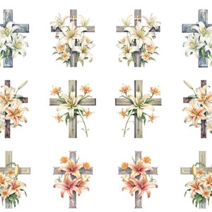 May include: Watercolor illustrations of wooden crosses adorned with lilies. The crosses vary in color, from light gray to brown, and the lilies are depicted in shades of white, yellow, and orange. The image has a religious theme.