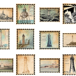 May include: A collection of vintage-style postage stamps featuring various lighthouse illustrations. The stamps showcase different designs, including lighthouses on rocky shores and in the sea, with text such as "15 cents" and "France 1947 Paris".