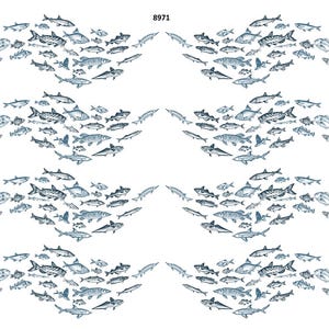 May include: A repeating pattern of stylized fish in shades of blue and gray, arranged in wave-like formations. The fish vary in size and shape, creating a dynamic and aquatic design. The number "8971" is in the upper right corner.