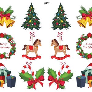 May include: A sheet of Christmas-themed stickers featuring illustrations of gold bells, decorated pine trees, wreaths with the text Merry Christmas, rocking horses, gift boxes with Santa hats, and candy canes with holly leaves. The number 8432 is visible.