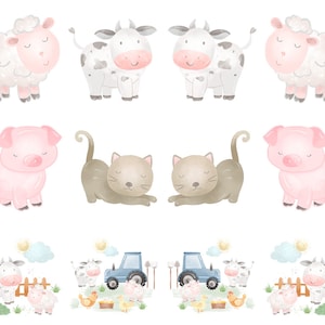 May include: Watercolor illustrations of farm animals, including sheep, cows, pigs, and cats. The images feature a soft color palette with pink, gray, and white tones. Additional illustrations include a tractor, chickens, and a fence.