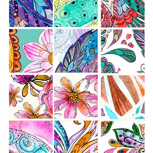 May include: A grid of watercolor art squares featuring floral and abstract designs. The squares showcase a variety of colors, including blues, purples, pinks, oranges, and greens. The designs include feathers, flowers, and intricate patterns.