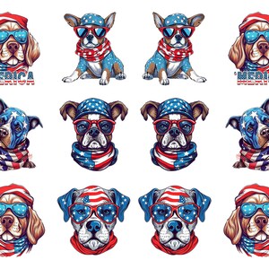 May include: A collection of dog illustrations, each adorned with patriotic accessories. The dogs wear sunglasses, bandanas, and scarves in red, white, and blue, with some featuring the word "'MERICA". The artwork has a cartoonish style.