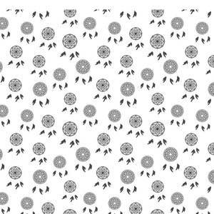 May include: A repeating pattern of black and white dream catchers. Each dream catcher has a circular, mandala-like design in the center, surrounded by feathers. The background is plain white.