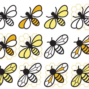 May include: A collection of stylized bee illustrations in various stages of completion. The bees feature black bodies, segmented abdomens, and transparent or yellow wings. Some bees are set against a honeycomb background, with a mix of solid and outlined designs.