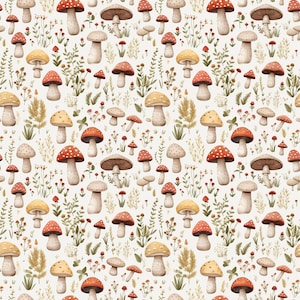May include: A repeating pattern of watercolor mushrooms in various sizes and colors, including red-capped with white spots, tan, and yellow-capped mushrooms. The design is set against a cream-colored background with sprigs of grass and small flowers.