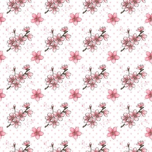 May include: A repeating pattern of pink cherry blossom branches and individual flowers on a white background. Small pink hearts and paint splatters are scattered throughout the design. The blossoms have detailed petals and green stems.