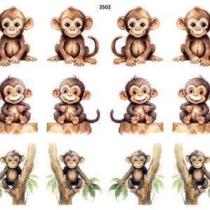 May include: Watercolor illustrations of smiling monkeys in various poses. Some monkeys are sitting, others are perched on tree branches. The monkeys have brown fur, large eyes, and are set against a white background. The text "3502" is in the top right corner.