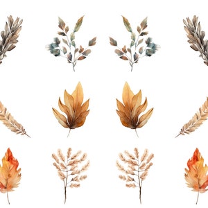 May include: Watercolor illustrations of various leaves and sprigs in shades of brown, orange, and green. The botanical elements are arranged on a white background. The image features a variety of leaf shapes and textures, perfect for fall-themed designs.