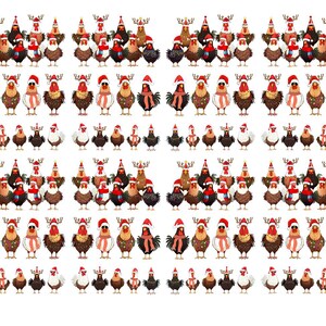 May include: Sheet of Christmas-themed rooster stickers. The roosters are depicted in various colors and poses, wearing Santa hats, reindeer antlers, and scarves. The stickers are arranged in rows and columns.