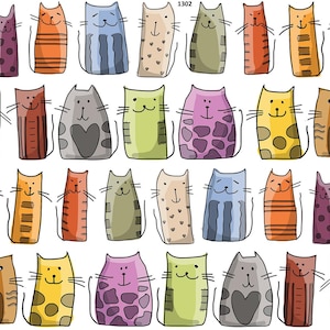 May include: A collection of whimsical cat illustrations in various colors and patterns. Each cat has a unique design, with stripes, polka dots, and hearts. The cats are arranged in rows, creating a playful and colorful design.