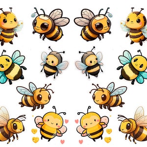 May include: A collection of cartoon bee stickers. The bees have yellow and black striped bodies, large eyes, and various wing colors. Some bees have small flower accents. The stickers are arranged on a white background.