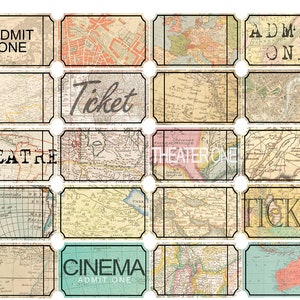 May include: A collage of vintage-style tickets with a map design. The tickets feature text like "ADMIT ONE", "TICKET", "THEATRE", and "CINEMA". The tickets have a black border and are arranged in a grid pattern, with a white background.