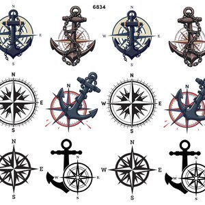 May include: A collection of nautical-themed illustrations featuring anchors, compass roses, and tridents. The anchors are depicted with chains and set against compass rose backgrounds. The tridents are gold and silver.