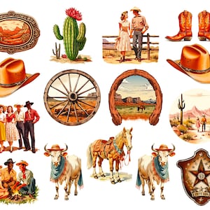 May include: A collection of Western-themed illustrations. Includes a cowboy hat, boots, a belt buckle with a desert landscape, a cactus, a wagon wheel, a horseshoe archway, a horse, a bull, and people in Western attire.