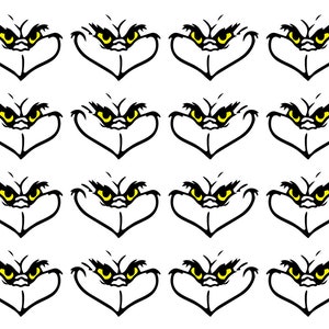 May include: A repeating pattern of a cartoon face with yellow eyes, a white face, and a black outline. The face has a wide, toothy grin and a furrowed brow, creating a mischievous expression. The image is on a white background.
