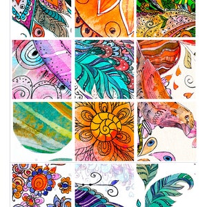 May include: A collection of watercolor art squares featuring colorful floral and feather designs. The artwork includes vibrant hues of orange, blue, purple, and green, with intricate patterns and details. The style is reminiscent of botanical illustrations.