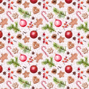 May include: A festive Christmas-themed pattern featuring watercolor illustrations of ornaments, gingerbread men, candy canes, and pine branches. The design includes red and pink accents on a white background with script text.