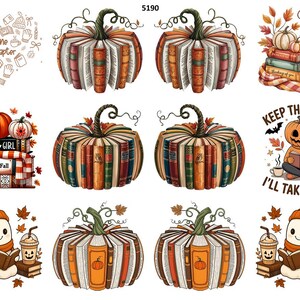 May include: A collection of fall-themed illustrations. Pumpkins are crafted from books, with autumn leaves and cozy elements. One design features the text "Fall vibes," while another says "Keep the candy, I'll take books."