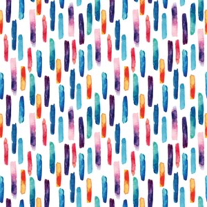 May include: A repeating pattern of vertical brushstrokes in various colors, including blue, purple, pink, orange, and yellow, against a white background. The watercolor-style strokes vary in width and intensity, creating a vibrant and artistic design.