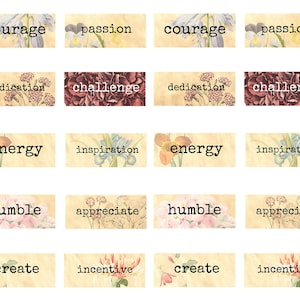 May include: A collection of rectangular cards with inspirational words like "courage," "passion," and "dedication" in a vintage font. Each card features floral illustrations in soft colors, set against a beige background. The cards are arranged in rows and columns.