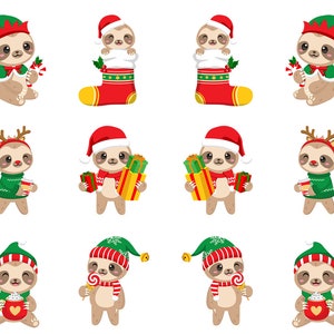 May include: A collection of cartoon sloths in festive Christmas attire. The sloths are depicted in various poses, wearing elf hats, Santa hats, reindeer antlers, and holding gifts, candy canes, and mugs of hot cocoa. The color palette includes red, green, brown, and white.