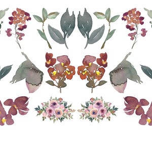 May include: Watercolor floral elements in shades of purple, orange, and green. The image features various flower and leaf designs, including clusters of blooms and individual leaves, perfect for crafting projects.