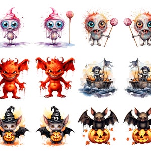 May include: Watercolor illustrations of Halloween-themed creatures. The image features various monsters, including a pink-headed alien with a lollipop, a red devil, a skeleton in a boat, and a bat perched on a carved pumpkin. The artwork has a whimsical and spooky aesthetic.