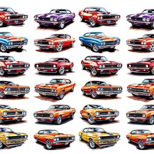May include: A collection of classic muscle car illustrations in various colors, including red, purple, blue, orange, and yellow. Each car is depicted with detailed features and chrome accents, set against a white background. The image includes the number "8575" in the top left corner.