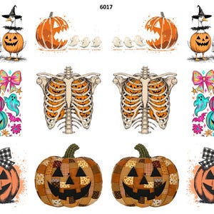 May include: A collection of Halloween-themed illustrations. Includes pumpkins, ghosts, and a skeleton with a pumpkin inside. There are also images of geese dressed in Halloween costumes. The color palette features orange, black, pink, and teal.