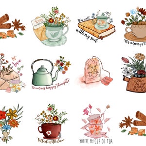 May include: A collection of watercolor illustrations featuring tea-related themes. Images include teacups filled with flowers, teapots, cinnamon sticks, and text like "Enjoy the little things" and "Tea is always a good idea."