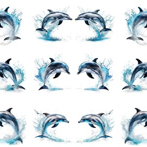 May include: A collection of dolphin illustrations in various poses, each leaping from water. The dolphins are depicted in shades of gray and blue, with splashes of water adding dynamic movement against a white background.