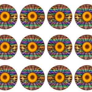May include: A collection of twelve circular designs featuring a central yellow flower with a detailed, multi-colored striped background. The designs include a detailed eye pattern. The overall design is vibrant and eye-catching.
