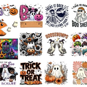 May include: A collection of Halloween-themed graphic designs featuring ghosts, pumpkins, bats, and skeletons. Designs include the phrases "Boo Sheet", "Trick or Treat", and "Goosebumps". The designs are in various styles, including cartoon and vintage.