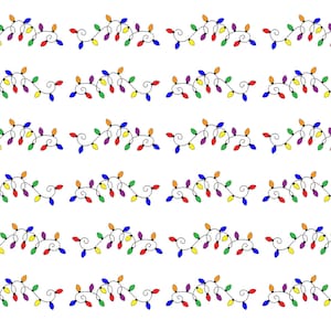May include: A repeating pattern of colorful Christmas lights on a white background. Each strand features a black wire with multiple bulbs in red, orange, yellow, green, blue, and purple. The lights are arranged in a horizontal, wavy design.