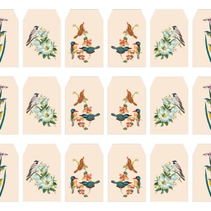May include: A collection of beige gift tags with various bird and floral illustrations. Designs include birds perched on branches, floral arrangements, and birds with irises. The tags are rectangular with a rounded top.