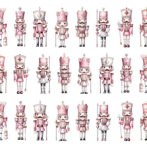 May include: A collection of watercolor illustrations of pink and white nutcrackers. Each nutcracker is depicted in a standing position, wearing a uniform with a hat, and holding a staff or other decorative item. The nutcrackers have various facial expressions and details.